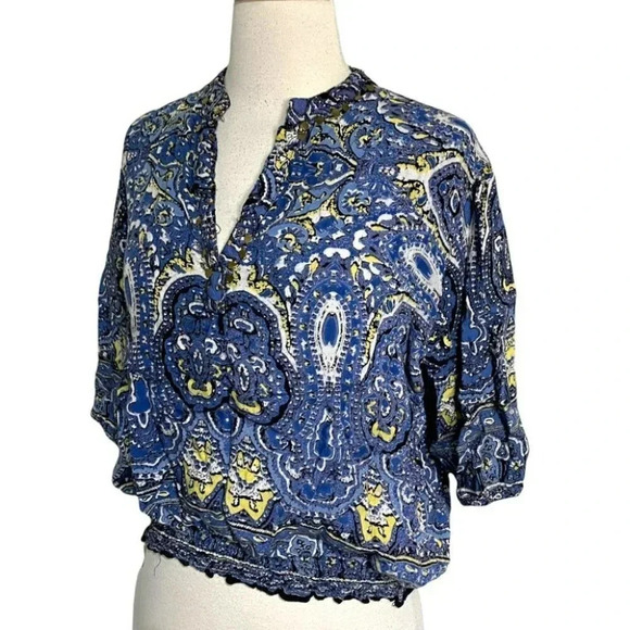 Angie XL blue white yellow boho print top with gold embellishments Y2K Hippie - Picture 3 of 5
